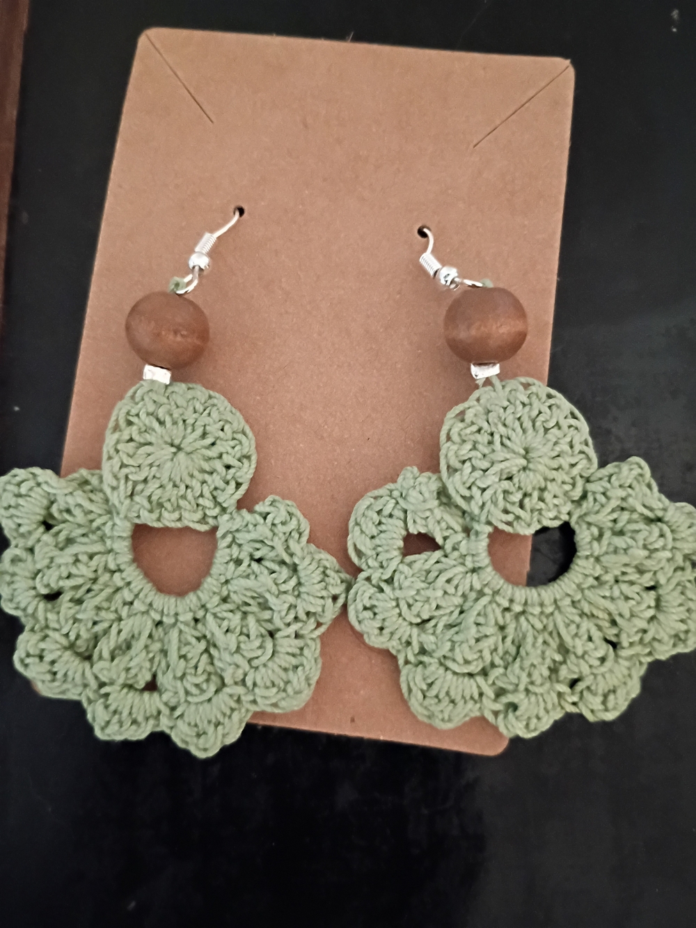 Handmade Crochet Floral Drop Earrings - Green